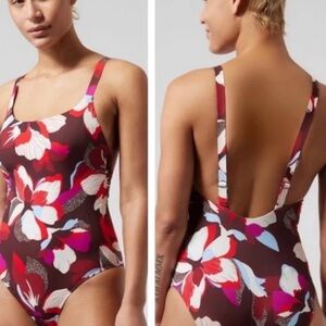 Athleta Red and Pink Floral One-Piece Hermosa Swimsuit